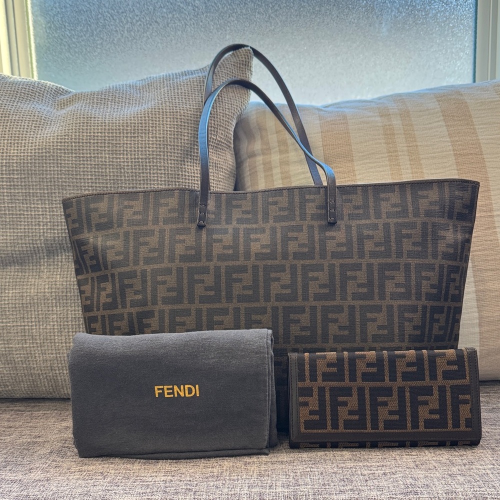 Fendi Zucca Black and Brown Logo Tote with Wallet & Dust Bag